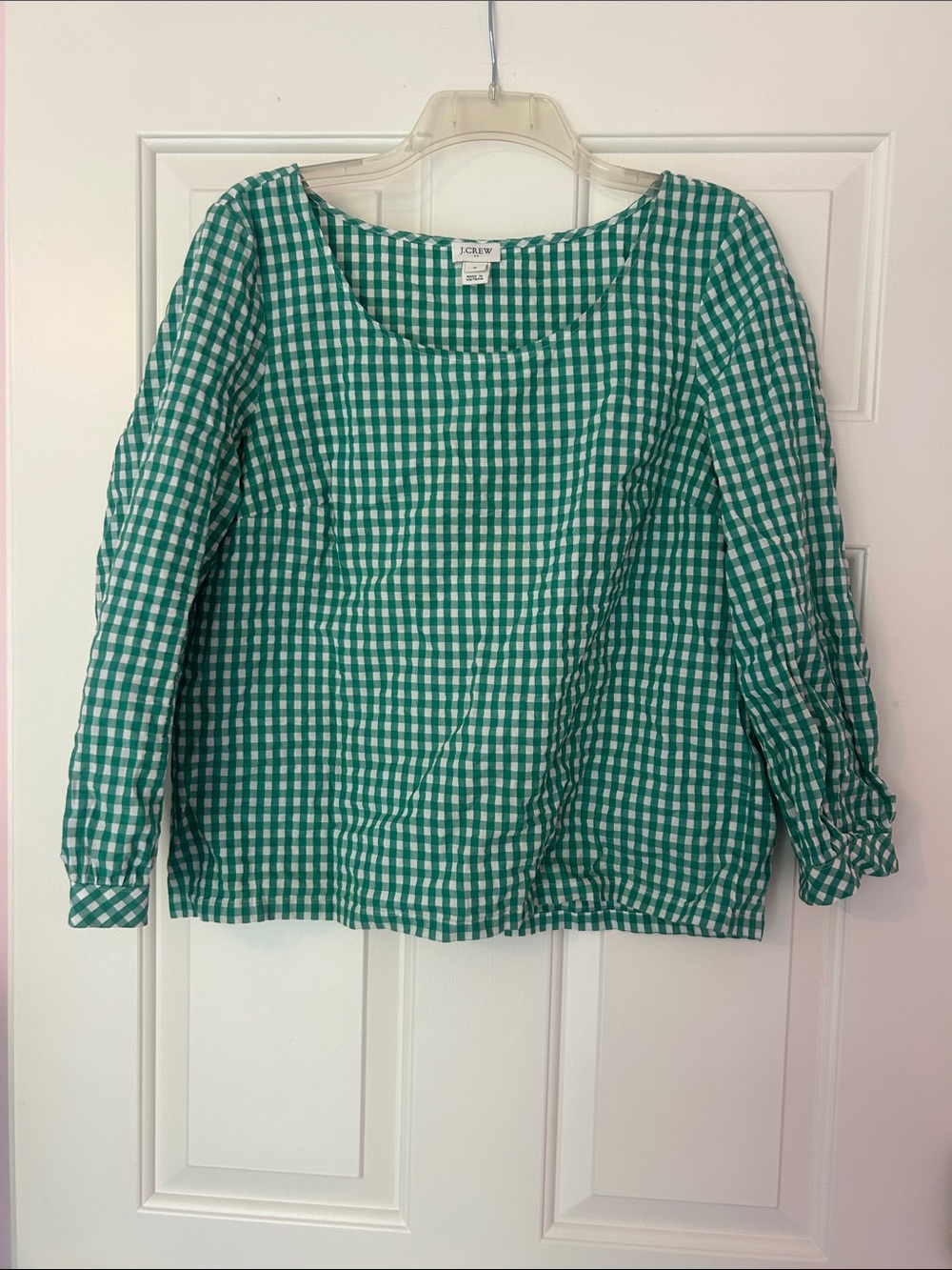J. Crew Green and White Gingham Scoop Neck Top